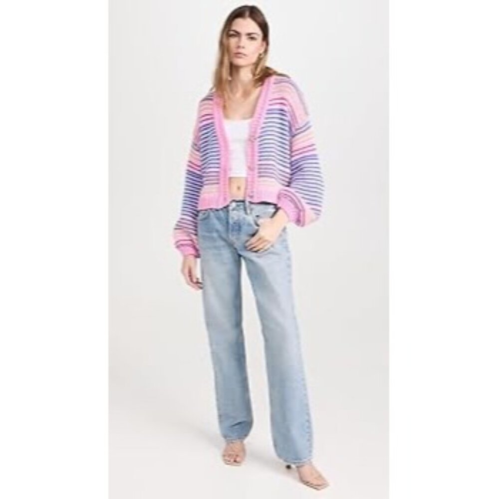 Show Me Your Mumu Pink Multi Stripe Cropped Relaxed Fit Button Up Cardigan 90s - Picture 13 of 16